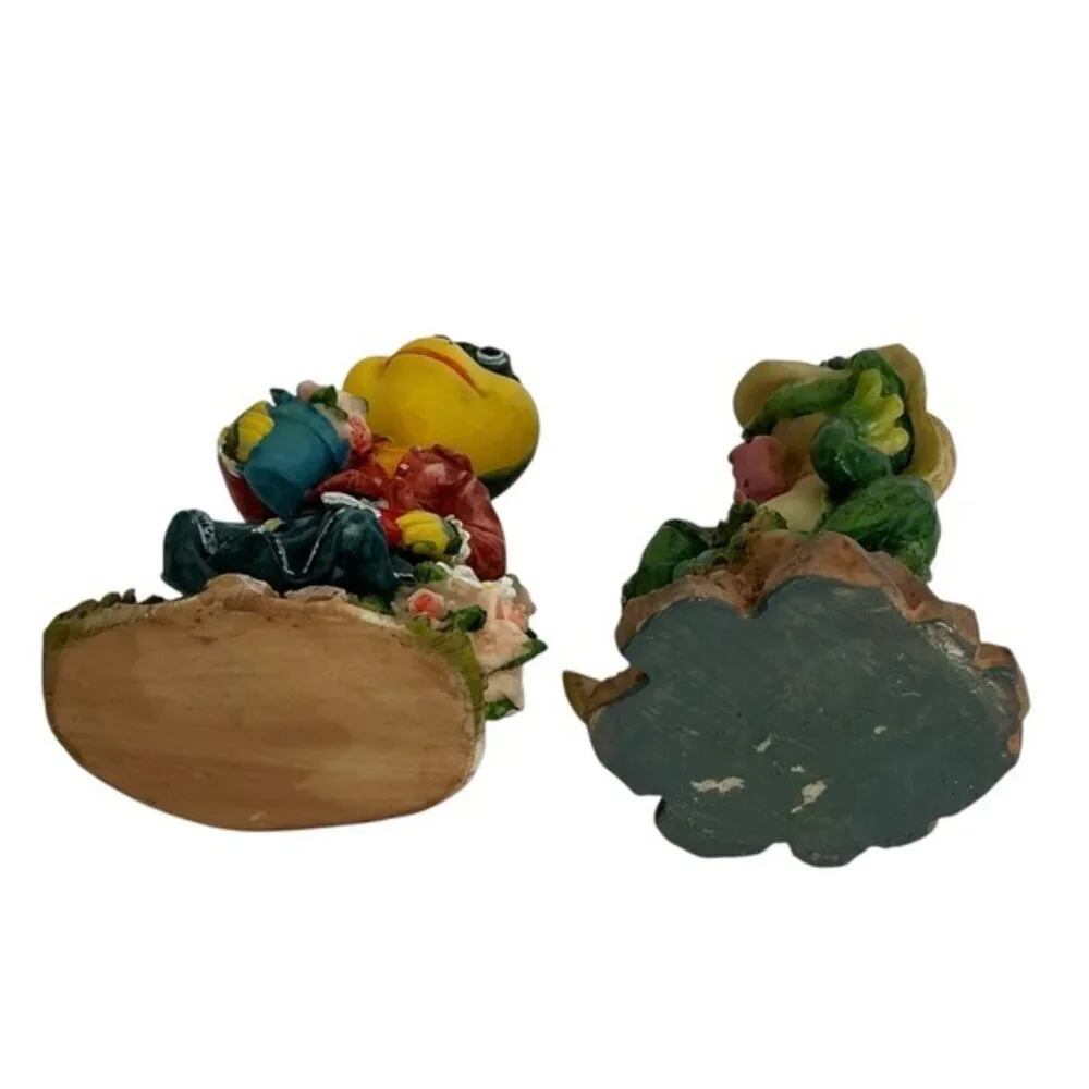 Vintage Frog Figurines Gardening Theme 4”-5” Intricate Carving 2 PC Collectible